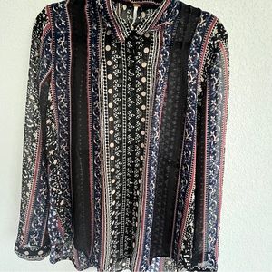 Free people sheer black floral striped moonlight mile blouse sz M